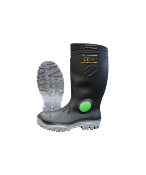 Heavy duty gumboot steel toe cap- steel mid sole - green dot- black/grey